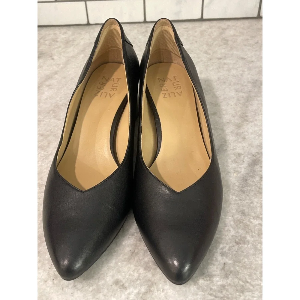Naturalizer Pump Women 8 Black Leather Block Heel Pointed Toe Dress Shoe